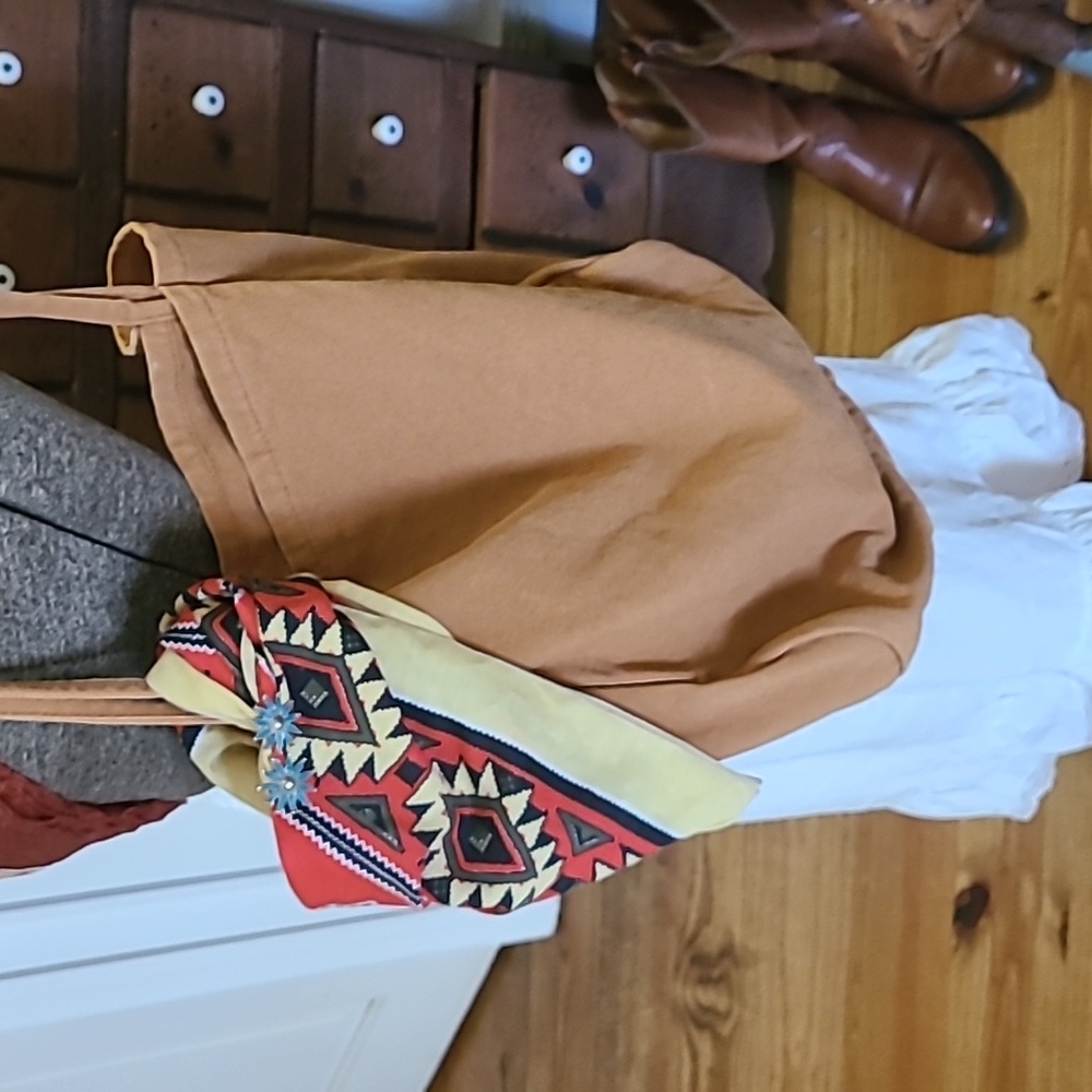 Stylish Tan Tote Bag With Free Vuntage Bandana And Faux Turquoise Clip Earrings